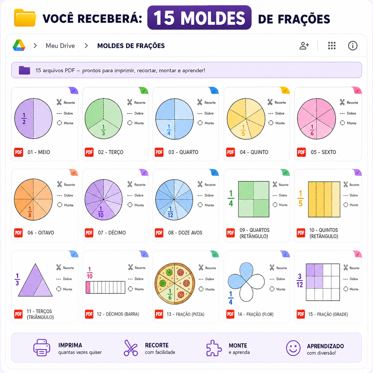 15 moldes de frações inclusos no kit